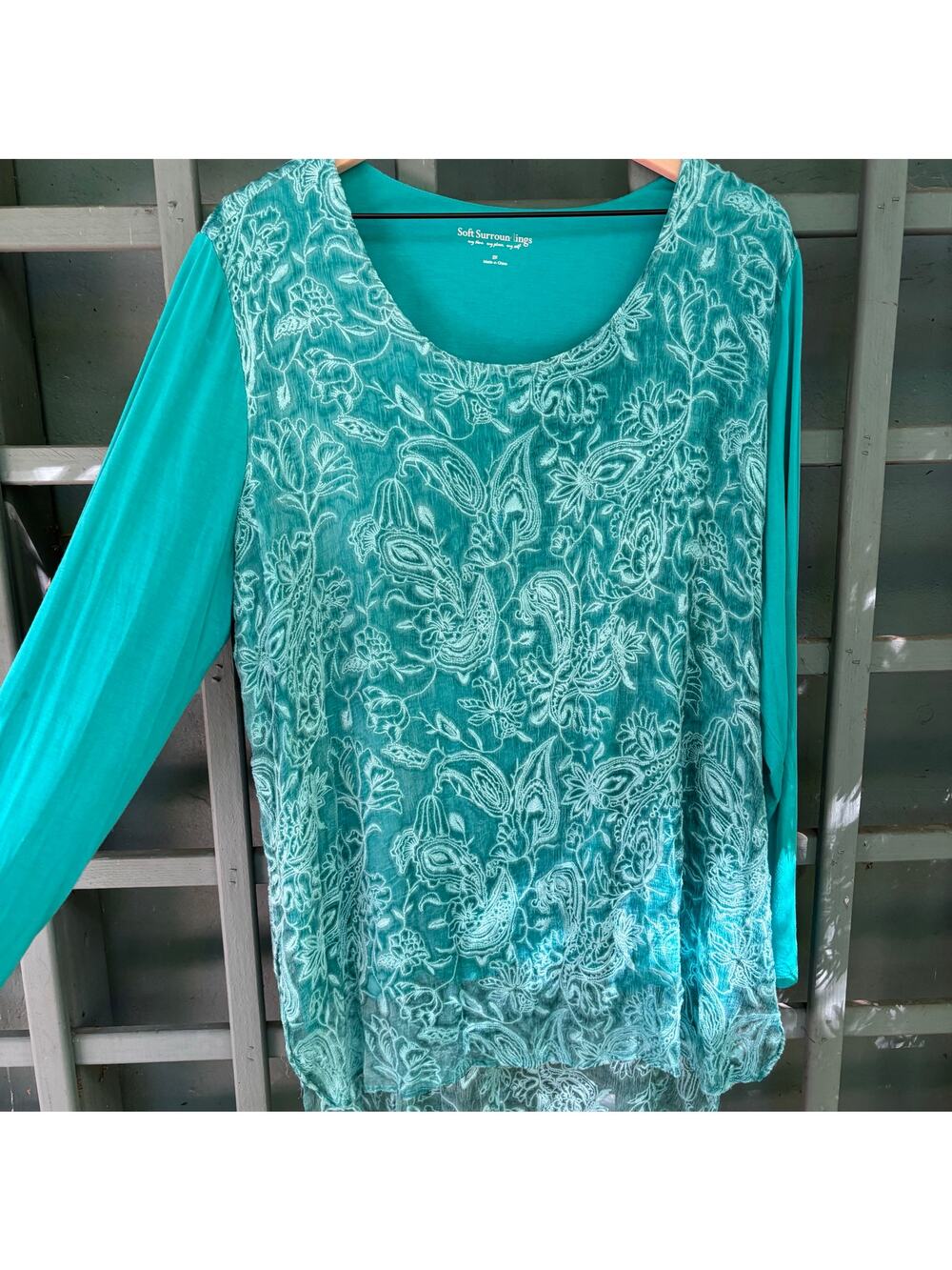 Soft Surroundings Adele Teal Silk Embroidered Tunic Top 2X Boho Lagenlook Artsy